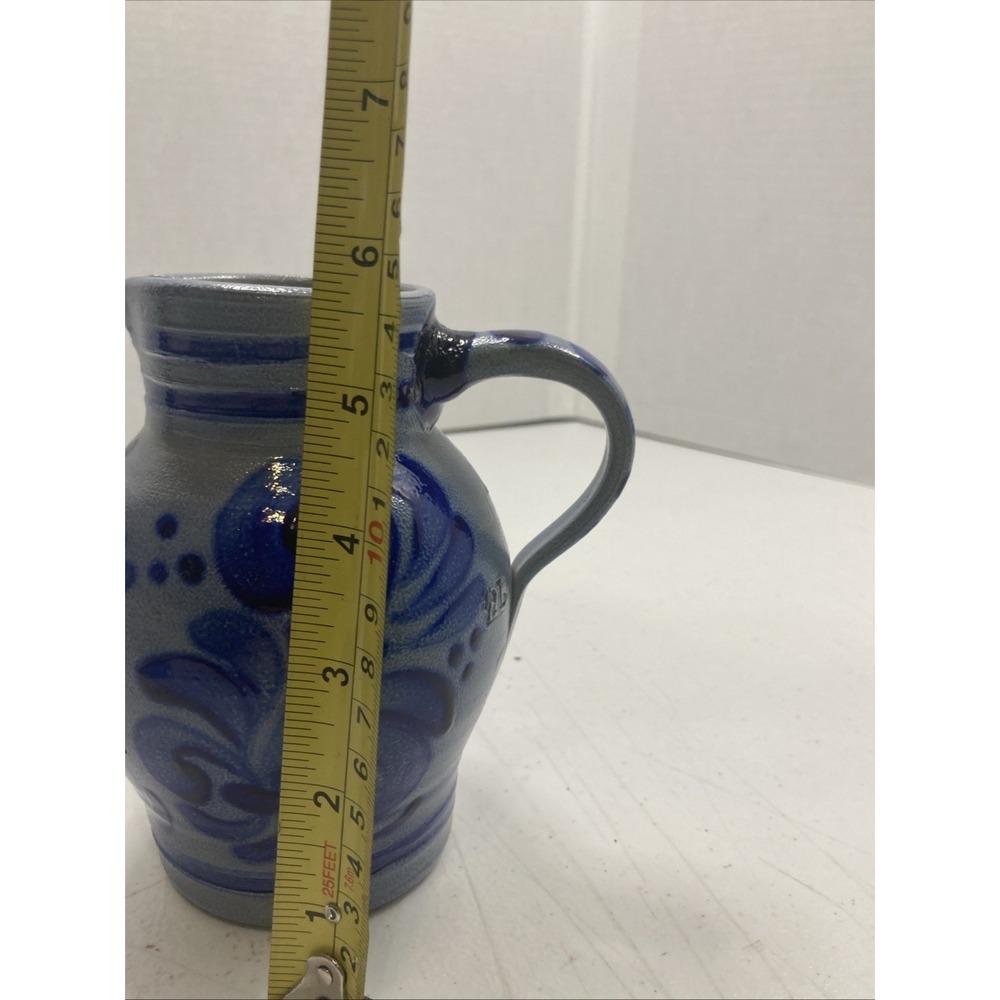 Vintage German Salt Glaze Pitcher Handle Blue Stripe 1/2 L  5.75" - Picture 13 of 14